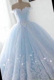 Solvbao Light Blue Princess Ball Gown Sweet 16 Gown, Tulle Formal Dress with Lace Applique