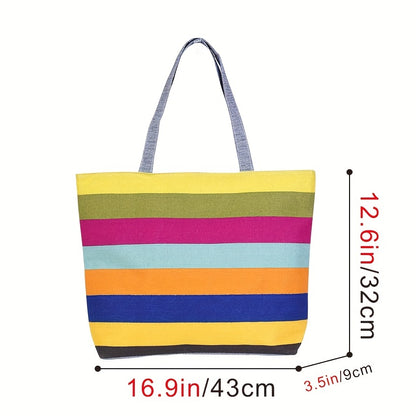 solvbao  Rainbow Color Canvas Tote Bag, Large Capacity Summer Beach Bag, Casual Shopping Bag