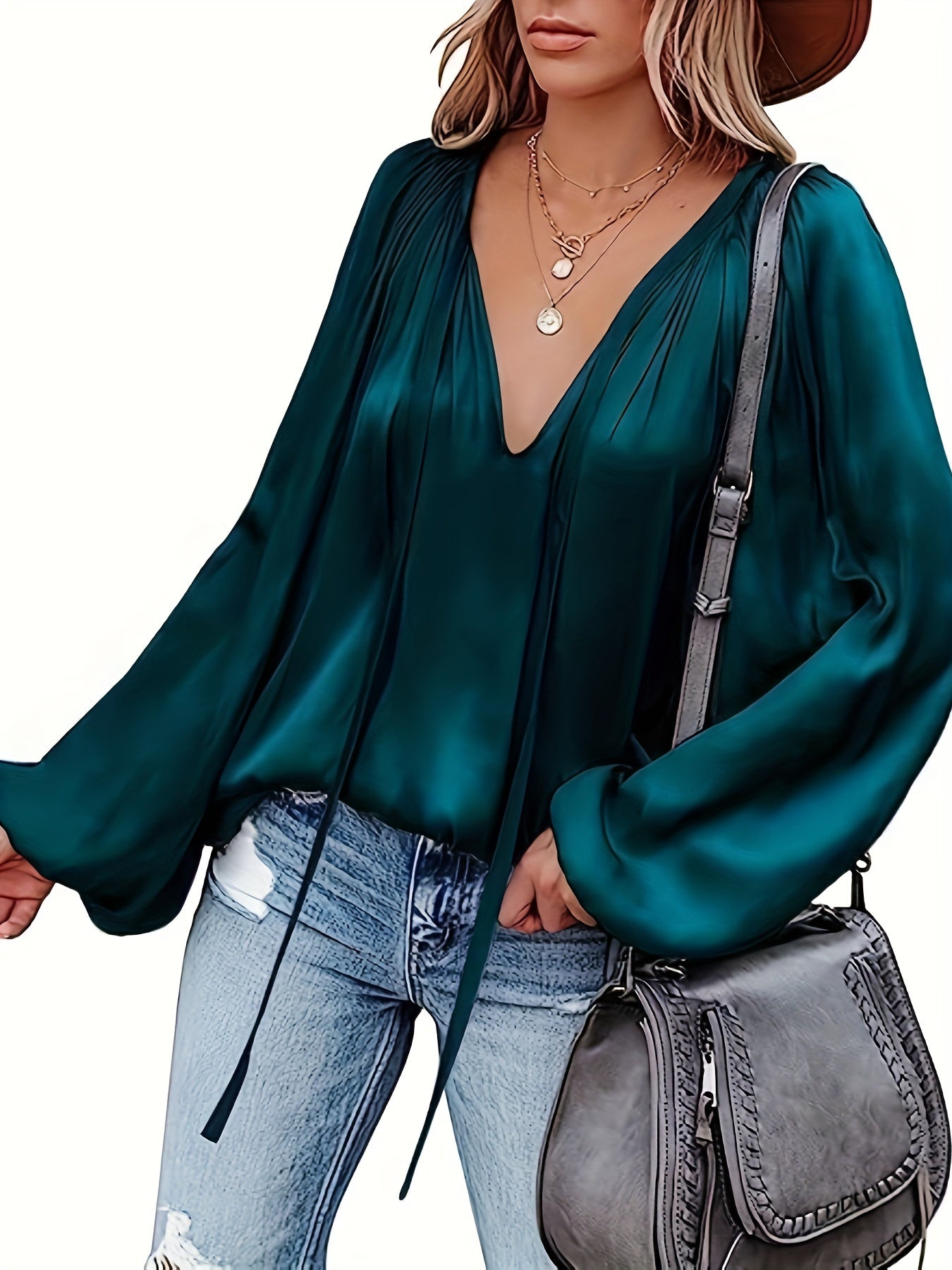 solvbaoSolid Tie Neck Pleated Blouse, Casual Long Sleeve Blouse For Spring & Fall, Women's Clothing