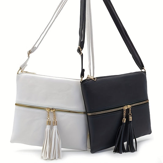 solvbao Double Zipper Crossbody Bag, Tassel Decor Square Purse, Women's Solid Color Shoulder Bag