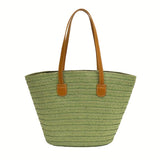 solvbao  Woven Straw Tote Bag, Portable Double Handle Stylish Handbag, Zipper Braided Straw Slouchy French Style Beach Bag