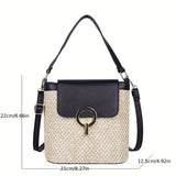 solvbao  Woven Straw Weaving Handbag, Stylish Flap Slouchy Crossbody Bag, Portable Handle Faux Leather Versatile Shoulder Bucket Bag