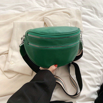 solvbao  Fashion Double Zipper Fanny Pack, Women's Faux Leather Crossbody Bag With Wide Strap