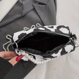 Trendy Cow Tattoos Mini Crossbody Bag, Canvas Zipper Handbag With Faux Pearls Handle, Perfect Shoulder Bag For Daily Use