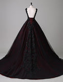 Solvbao Black and Red Round Neckline Lace Wedding Party Dress, Black and Red Party Dress