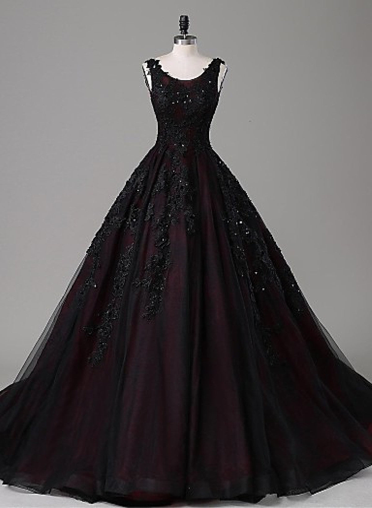 Solvbao Black and Red Round Neckline Lace Wedding Party Dress, Black and Red Party Dress