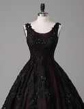 Solvbao Black and Red Round Neckline Lace Wedding Party Dress, Black and Red Party Dress