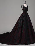 Solvbao Black and Red Round Neckline Lace Wedding Party Dress, Black and Red Party Dress