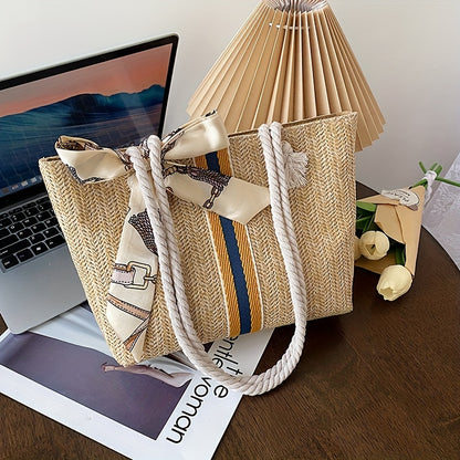 solvbao  Striped Pattern Straw Tote Bag, Travel Beach Shoulder Bag, Simple Bag With Scarf Decor