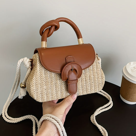 solvbao  Mini Straw Handbag, Braided Strap Crossbody Bag, Knot Handle Flap Purse For Women (7.91*5.54*2.37) Inch