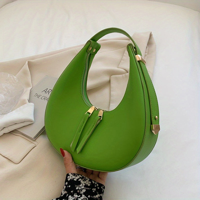 PU Leather Retro Baguette Bag, Solid Color Crescent Bag, All-Match Zipper Underarm Bag