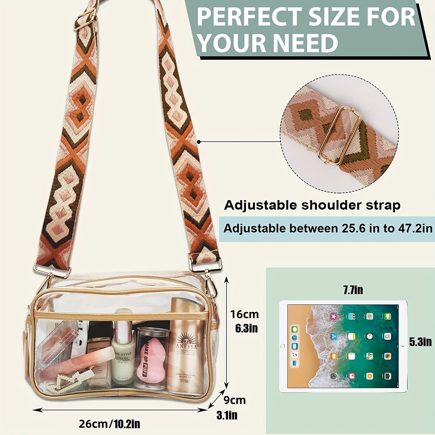 solvbao  Clear Waterproof Crossbody Bag, Geometric Strap Shoulder Bag, Trendy PVC Square Purse For Travel Beach & Concert