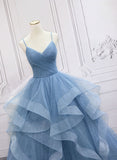 Solvbao Blue Chic Tulle A-line Long Prom Dress, Blue Straps Formal Dress Party Dress