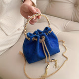 All Over Bright Rhinestone Bucket Bag, Drawstring Small Banquet Satchel Bag, Women's Luxury Dinner Shoulder Chain Bag