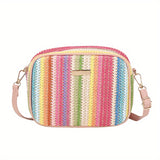 Trendy Colorful Straw Square Bag, Zipper Shoulder Bag, Stylish Niche Woven Crossbody Bag