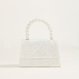 White Lace Flower Pattern Mini Evening Bag, Top Beaded Handle Dinner Flap Bag, Women's Elegant Party Bag