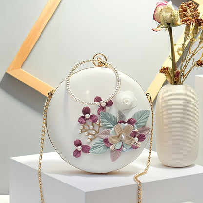 solvbao  Elegant Flower Decor Round Satchel Bag, All-Match Evening Bag, Women's Chain Bag For Party