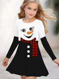 Children's Christmas Snowman Pattern Casual Knit Dress - Long Sleeve Polyester Winter Dress for Kids