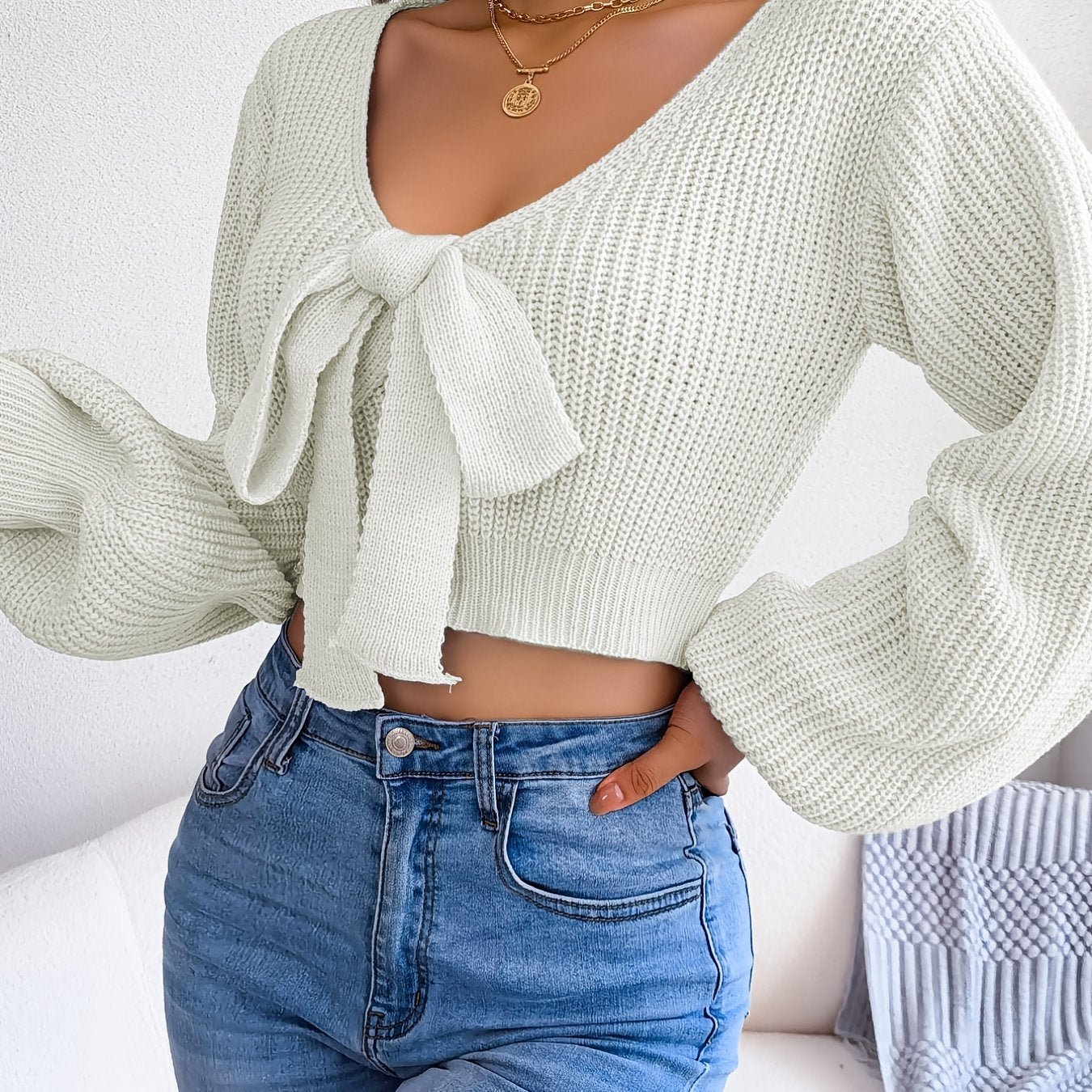 solvbaoBowknot V Neck Cropped Sweater, Casual Lantern Long Sleeve Loose Fall Winter Cropped Knit Sweater, Women's Clothing