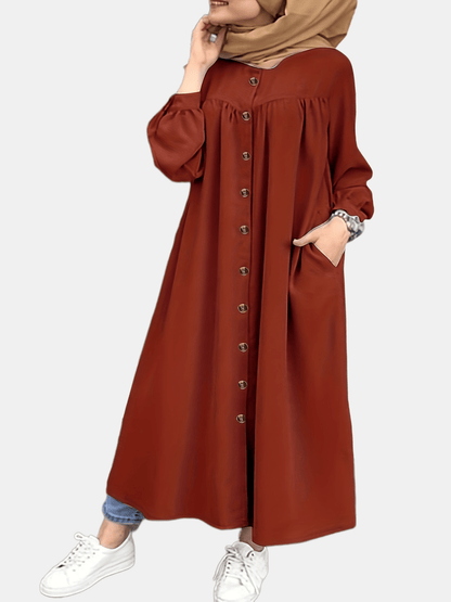 solvbaoButton Front Ruched Abaya, Modest Puff Sleeve Maxi Dress, Women's Clothing