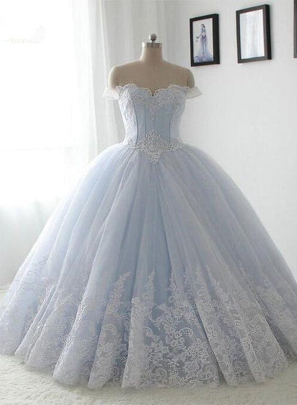 Solvbao Light Blue Princess Ball Gown Sweet 16 Gown, Tulle Formal Dress with Lace Applique