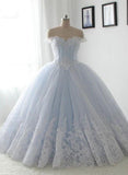 Solvbao Light Blue Princess Ball Gown Sweet 16 Gown, Tulle Formal Dress with Lace Applique