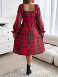 Long Sleeved Brushed A-line Women's Dress with Checkered Print, Elastic Waistband, Front and Back Tied