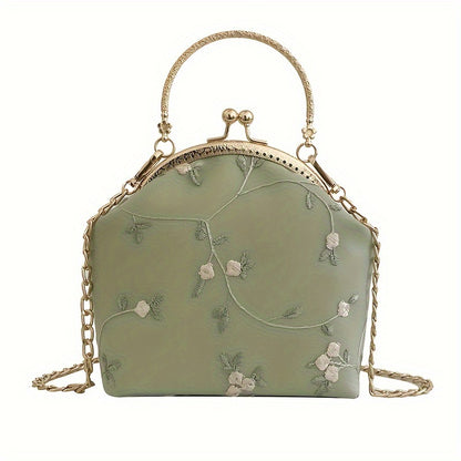 solvbao  Hanfu Cheongsam Lace Handbag, Floral Embroidery Clip Purse, Vintage Chain Crossbody Bag For Women