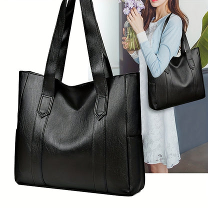 solvbao  Solid Color Tote Bag For Women, Large Capacity Shoulder Bag, PU Leather Handbag With Zipper