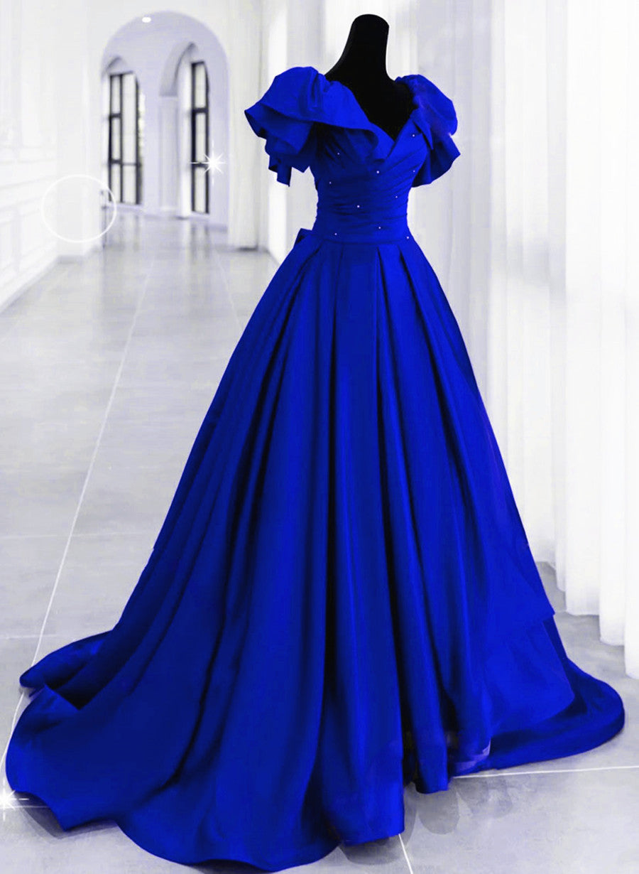 Solvbao Royal Blue Long Satin Lace-up A-line Prom Dress, Royal Blue Wedding Party Dress