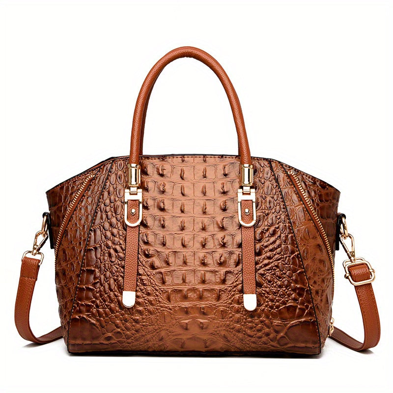 solvbao  Crocodile Embossed Handbag, Elegant PU Crossbody Bag, Women's Top Handle Satchel Purse