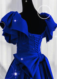 Solvbao Royal Blue Long Satin Lace-up A-line Prom Dress, Royal Blue Wedding Party Dress