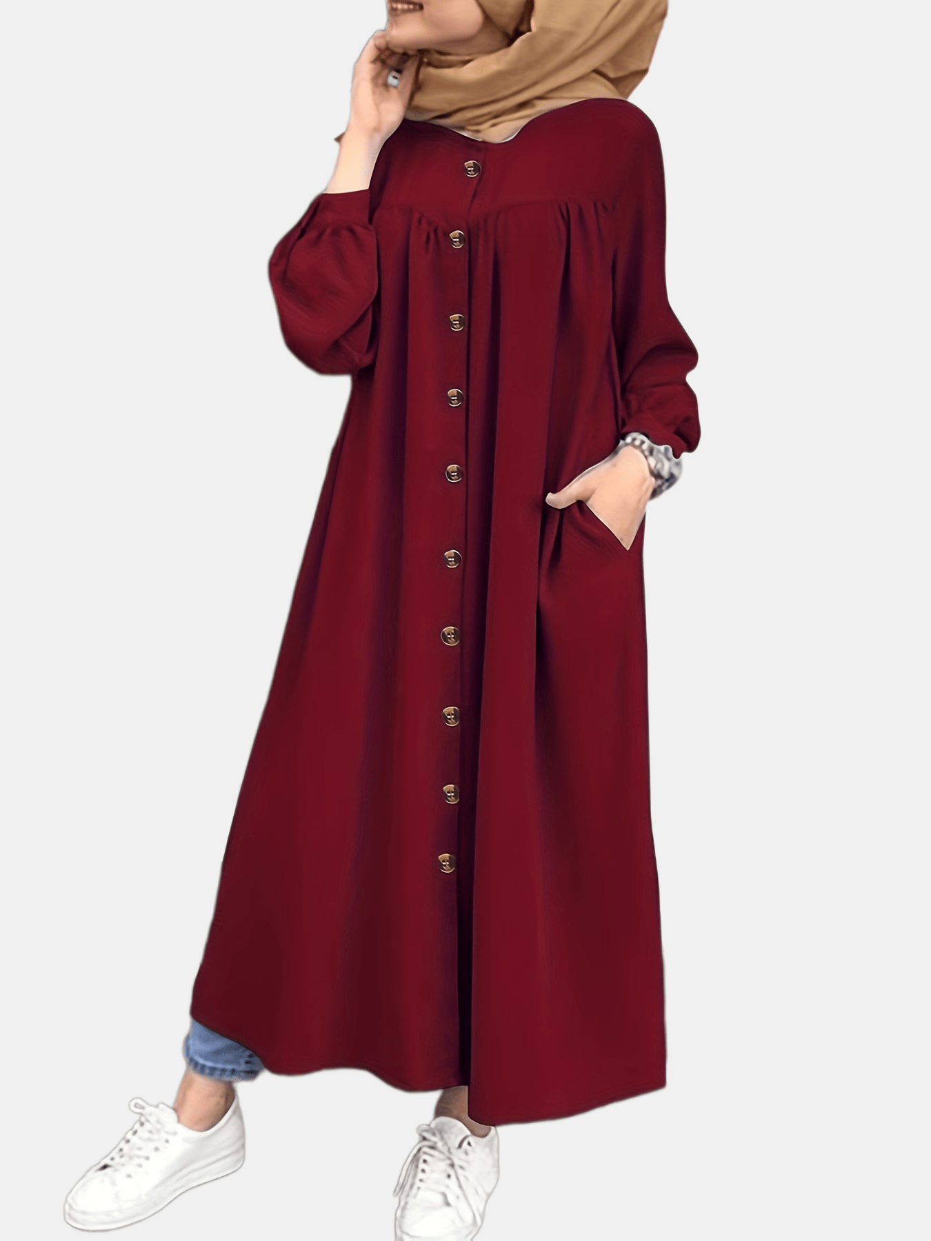 solvbaoButton Front Ruched Abaya, Modest Puff Sleeve Maxi Dress, Women's Clothing