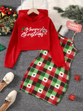 2pcs MERRY CHRISTMAS Print Girl's Hoodie & Plaid Pattern Trendy Christmas Outfit Sundress Set for Spring Autumn