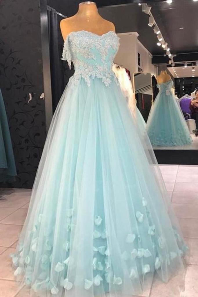 Solvbao Mint Blue Sweetheart Tulle with Lace and Flowers Formal Dress, Tulle Long Prom Dress Party Dress