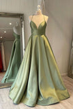 kamahe Green Simple A Line Satin Spaghetti Straps Long Prom Dresses