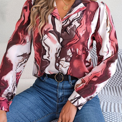 solvbaoGraphic Print Button Front Shirt, Casual Long Sleeve Shirt For Spring & Fall, Women's Clothing