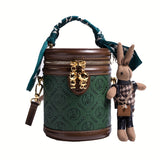 Bear Embossed Cylinder Bag, Scarf Decor Crossbody Bag, Women's Mini PU Leather Bucket Purse