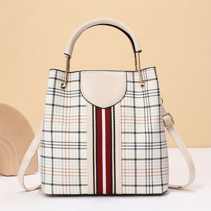 solvbao  Fashion Plaid Bucket Bag, PU Leather Zipper Handbag, Perfect Shoulder Bag For Dating And Shopping