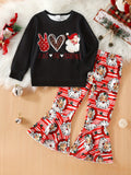 2pcs Girl's Cartoon Santa Pattern Sweatshirt & Flared Pants Set, PEACE LOVE CHRISTMAS Print, Casual Outdoor Outfits for Spring Fall