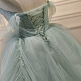 Solvbao Light Green Tulle Beaded Ball Gown Off Shoulder Party Dress, Green Sweet 16 Dress