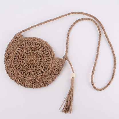 solvbao  Round Woven Straw Beach Bag, Tassel Decor Crossbody Bag, Boho Style Hollow Bag For Travel Vacation