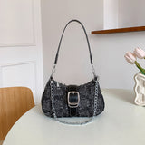 solvbao  Y2K Denim Crossbody Handbag, Chain Decor Shoulder Bag, Buckle Decor Stitch Chain Baguette Bag