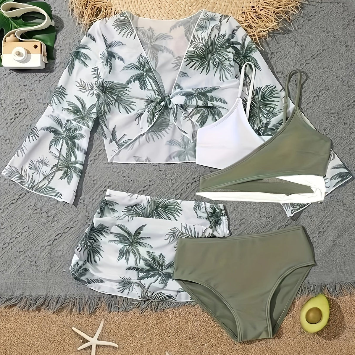 4-Piece Coconut Trees Print Womens Swimsuit Set - Flattering Bikini, Layered Top, High Waist Panty & Cover Up - Boho Skirt, Long Sleeved Beachwear for Fashionable Sun Seekers