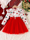 Christmas Baby Girl Snowflake Santa Hat Bow Christmas Tree Print Top Mesh Dress with Belt