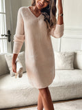 Elegant Snowflake V-Neck Sweater Dress for Women - Polyester, Ribbed Detail, Perfect for Fall & Winter (Belt Not Included)