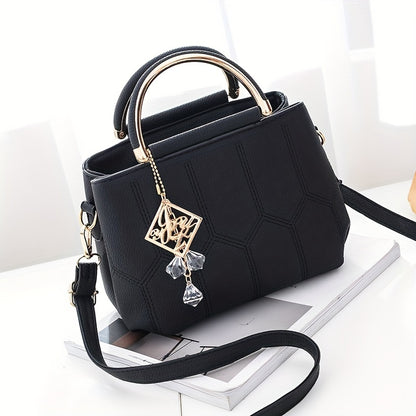 Luxury Embroidery Handbag For Women, Small Vegan Leather Crossbody Bag, Top Handle Satchel Purse With Pendant