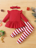 My 1st Christmas Baby Girl's Outfit, Ruffle Santa Claus Print Tunic Dress Shirt & Striped Pants Set