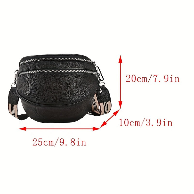 solvbao  Fashion Double Zipper Fanny Pack, Women's Faux Leather Crossbody Bag With Wide Strap