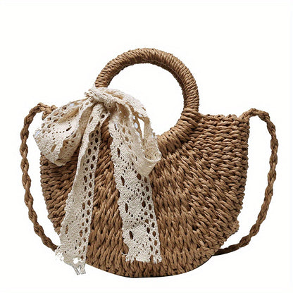 solvbao  Simple Woven Drawstring Shoulder Bag, Minimalist Straw Crossbody Bag With Scarf Decor